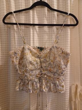wild fable White Floral Lace-Trim Spaghetti Crop Top
